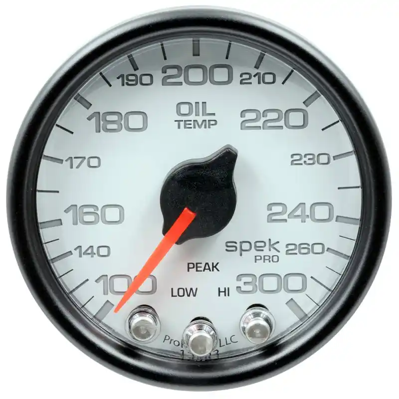 Autometer Spek-Pro Gauge Oil Temp 2 1/16in 300f Stepper Motor W/Peak & Warn Wht/Blk (ATMP32212)