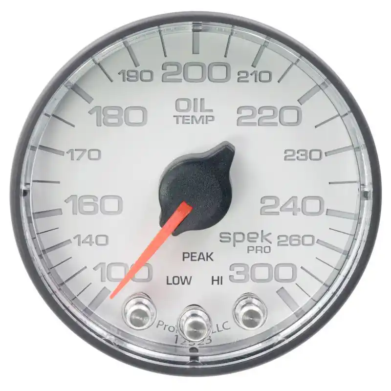 Autometer Spek-Pro Gauge Oil Temp 2 1/16in 300f Stepper Motor W/Peak & Warn Wht/Blk (ATMP322128)