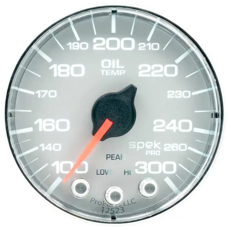 Autometer Spek-Pro Gauge Oil Temp 2 1/16in 300f Stepper Motor W/Peak & Warn Slvr/Chrm (ATMP322218)