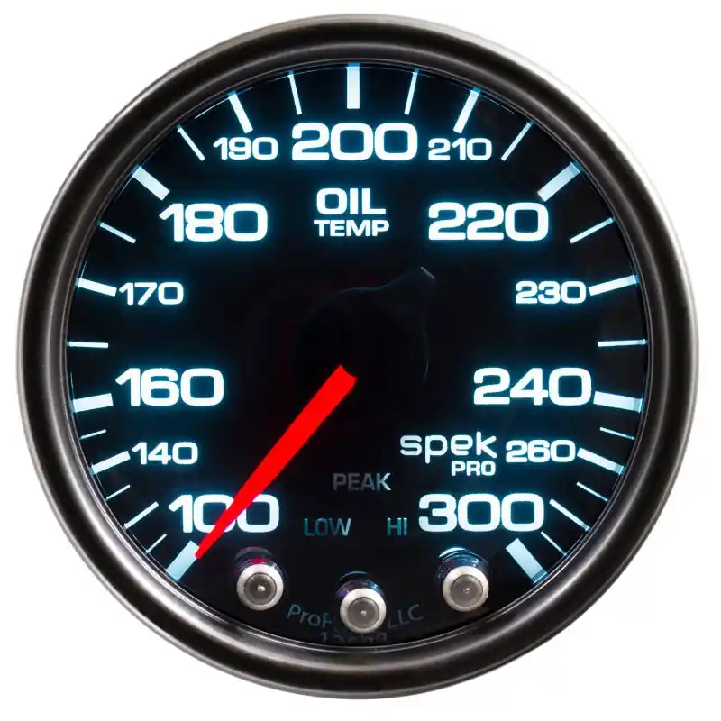 Autometer Spek-Pro Gauge Oil Temp 2 1/16in 300f Stepper Motor W/Peak & Warn Blk/Smoke/Blk (ATMP32252)