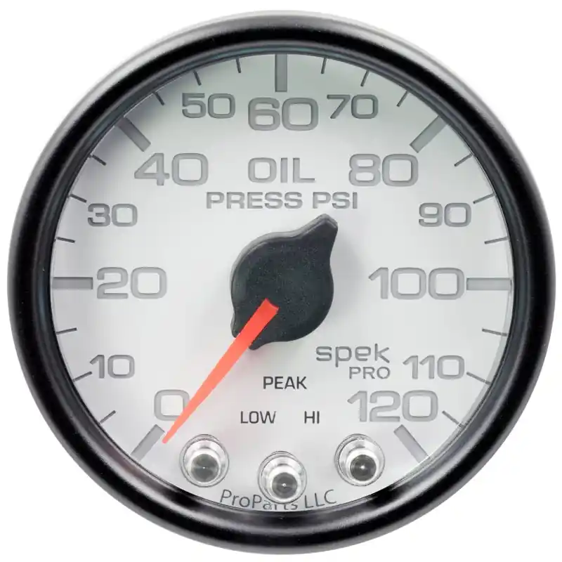 Autometer Spek-Pro Gauge Oil Press 2 1/16in 120psi Stepper Motor W/Peak & Warn Wht/Blk (ATMP32512)