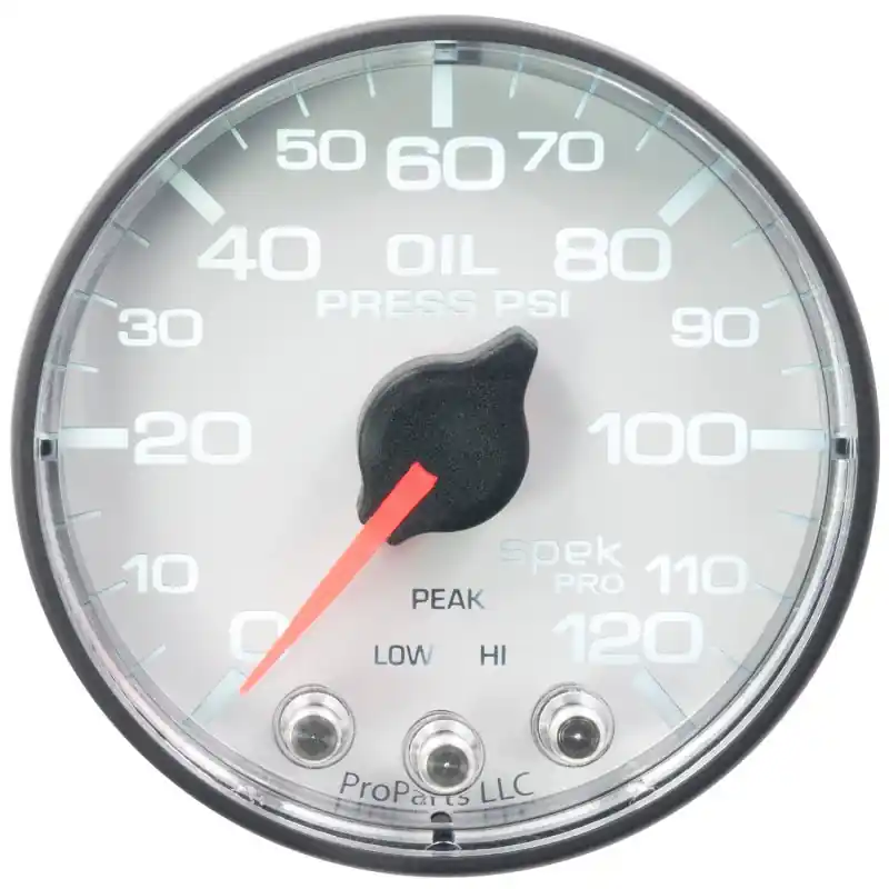 Autometer Spek-Pro Gauge Oil Press 2 1/16in 120psi Stepper Motor W/Peak & Warn Wht/Blk (ATMP325128)
