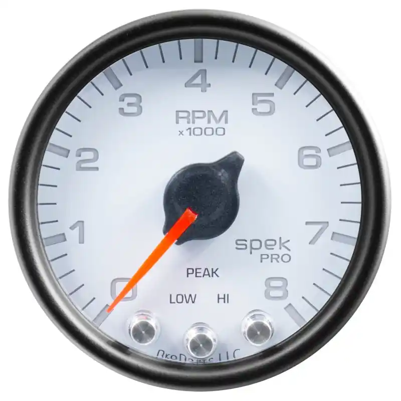 Autometer Spek-Pro Gauge Tach 2 1/16in 8K Rpm W/ Shift Light & Peak Mem Wht/Blk (ATMP33412)