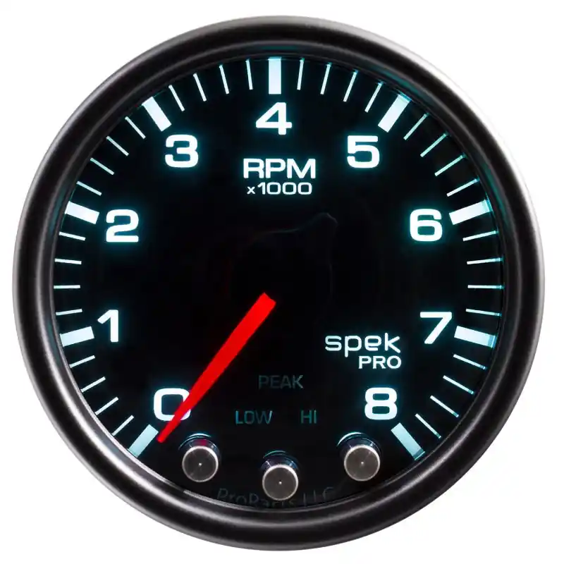 Autometer Spek-Pro Gauge Tach 2 1/16in 8K Rpm W/ Shift Light & Peak Mem Blk/Smoke/Blk (ATMP33452)