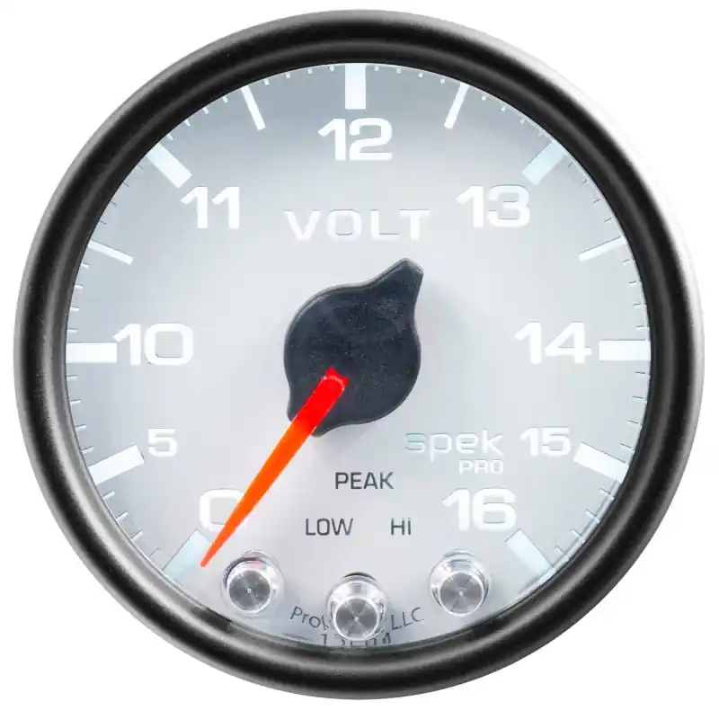 Autometer Spek-Pro Gauge Voltmeter 2 1/16in 16V Stepper Motor W/Peak & Warn Wht/Blk (ATMP34412)