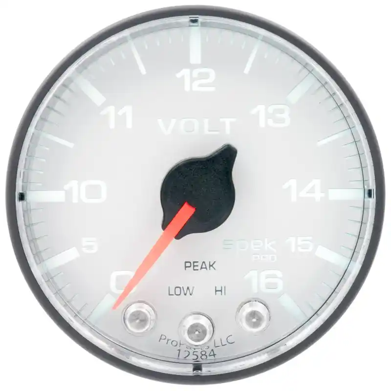 Autometer Spek-Pro Gauge Voltmeter 2 1/16in 16V Stepper Motor W/Peak & Warn Wht/Blk (ATMP344128)