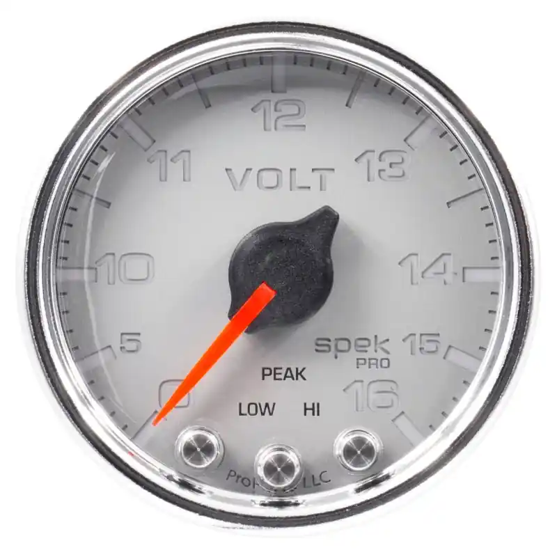 Autometer Spek-Pro Gauge Voltmeter 2 1/16in 16V Stepper Motor W/Peak & Warn Slvr/Chrm (ATMP34421)