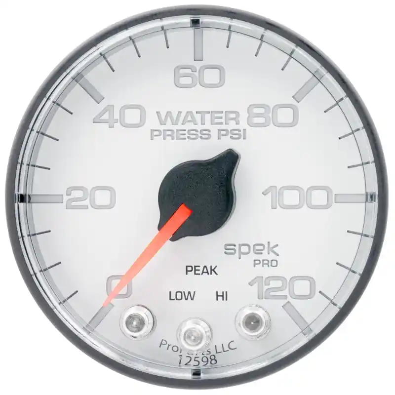 Autometer Spek-Pro 2 1/16in 120PSI Stepper Motor W/Peak & Warn White/Black Water Pressure Gauge (ATMP345128)