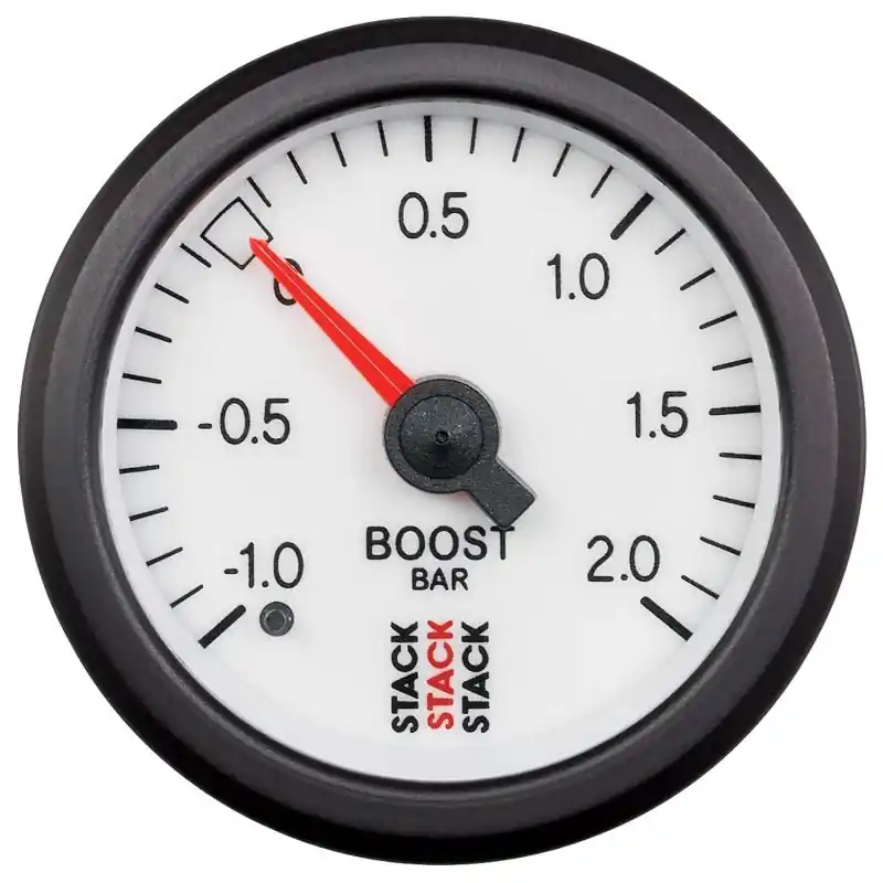 Autometer Stack 52mm -1 to +2 Bar T-Fitting 0.187in Barb (M) Mechanical Boost Pressure Gauge - White (ATMST3161)