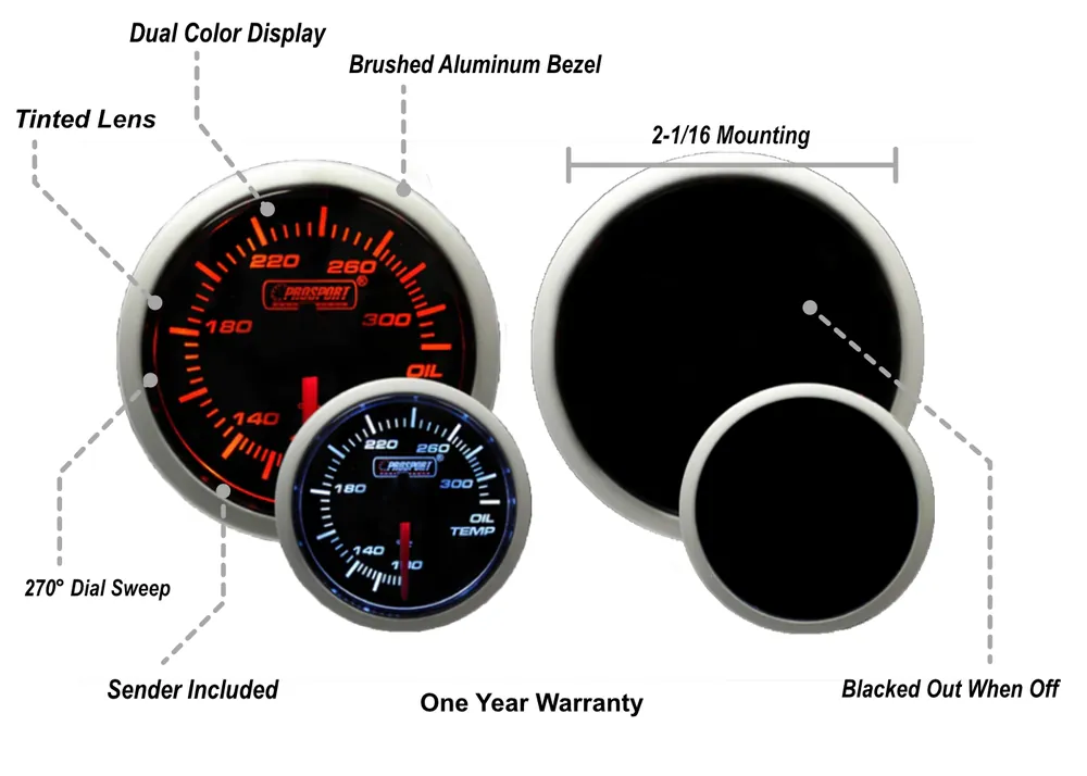 Prosport 2-3/8" Amber / White - Oil Temperature Gauge