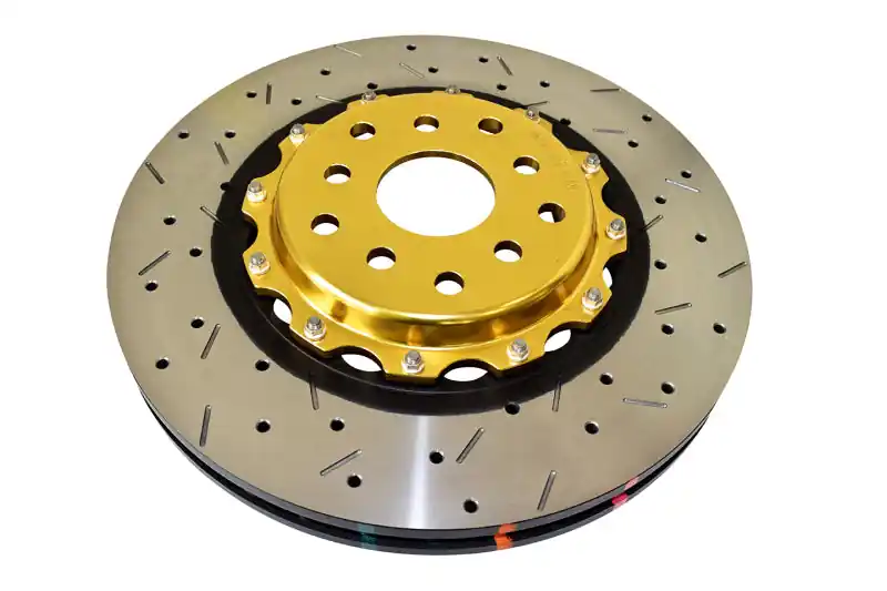 DBA 04-07 STi/2017 BRZ w/Perf. Pkg. 10 Hole Front Drilled/Slotted 5000 Series 2 Pc Rotor w/Gold Hat (DBADBA5654GLDXS-10)