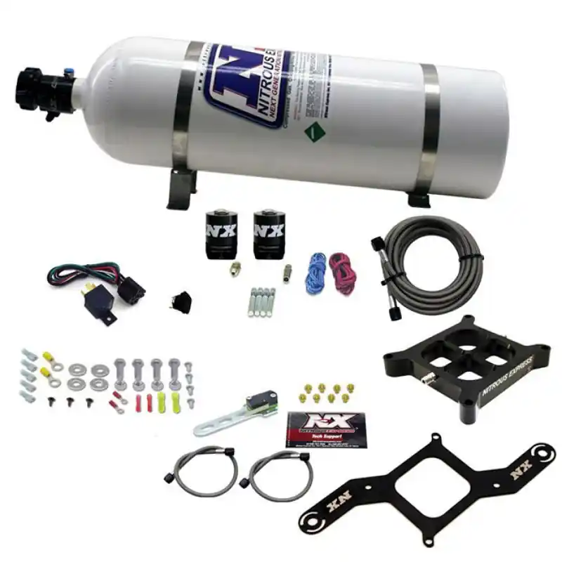 Nitrous Express 4150 Single Entry Billet Crossbar Nitrous Plate Kit (50-300HP) w/15lb Bottle (NEX63040-15)
