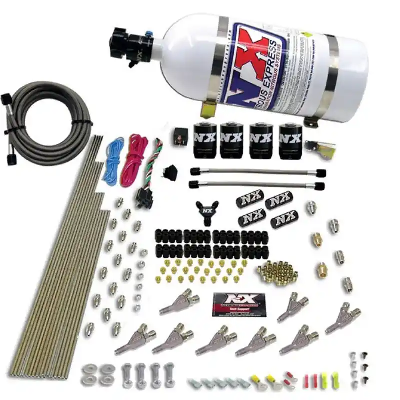Nitrous Express STD Nozzle Nitrous Kit (200-500HP) Gas w/Dist Block & 4 Solenoids w/10lb Bottle (NEX80018-10)