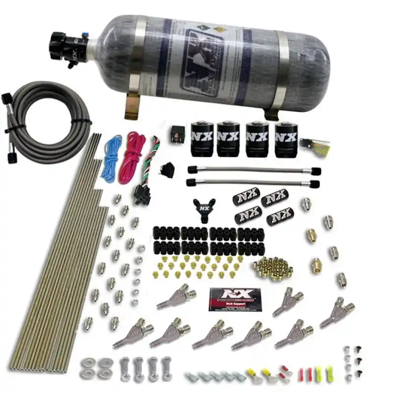 Nitrous Express STD Nozzle Nitrous Kit (200-500HP) Gas w//Dist Block & 4 Solenoids w/15lb Bottle (NEX80018-12)