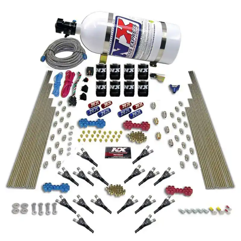 Nitrous Express Shark Dual Stage/Gas 16 Nozzles 8 Solenoids Nitrous Kit (200-1200HP) w/10lb Bottle (NEX90008-10)