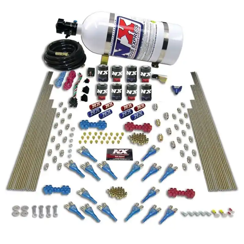 Nitrous Express Shark Dual Stage/Gas 16 Nozzles 8 Solenoids Nitrous Kit (200-1200HP) w/15lb Bottle (NEX90008-15)