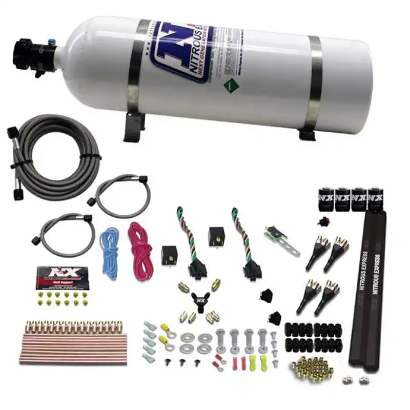 Nitrous Express 4 Cyl SX2 Nozzle Nitrous Kit (100-300HP x 2) w/15lb Bottle (NEX90094-15)