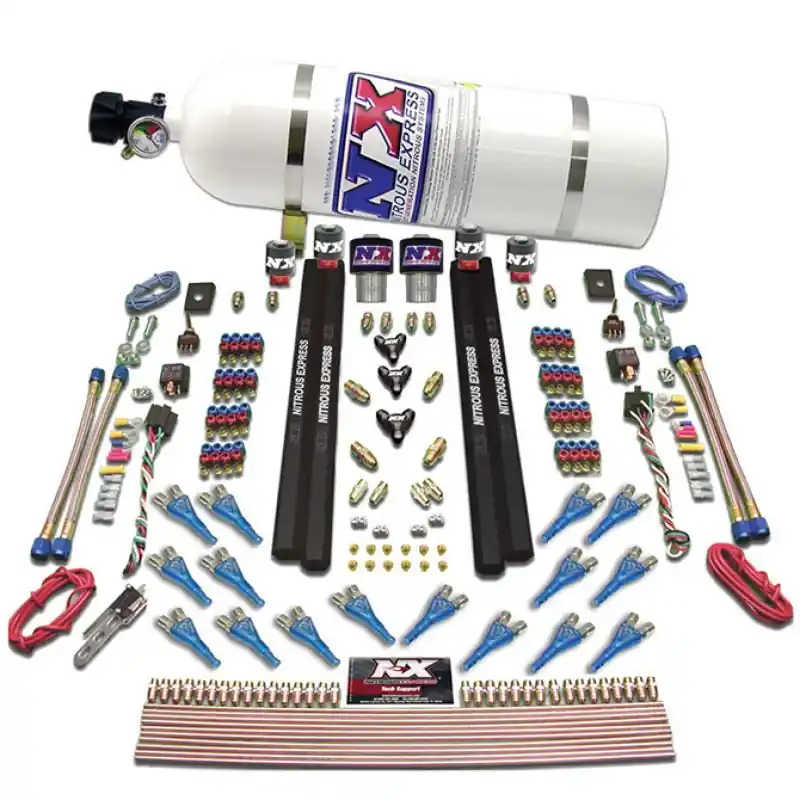 Nitrous Express Shark Dual Stage/Gas/Rails 16 Nozzles Nitrous Kit (200-1200HP) w/10lb Bottle (NEX90208-10)