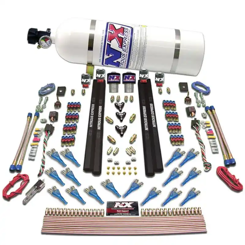 Nitrous Express Shark Dual Stage/Gas/Rails 16 Nozzles Nitrous Kit (200-1200HP) w/15lb Bottle (NEX90208-15)