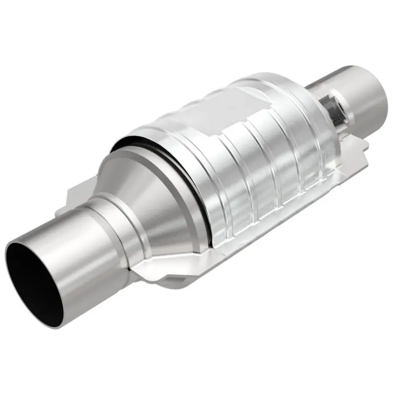 MagnaFlow Univ Conv 2in In/Out Ctr/Ctr Round 9in Body L x 5.125in W x 13in Overall L Single O2 Port